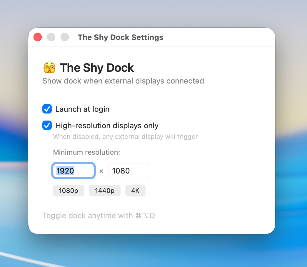 The Shy Dock settings window