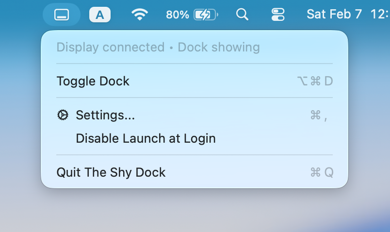 The Shy Dock menu bar